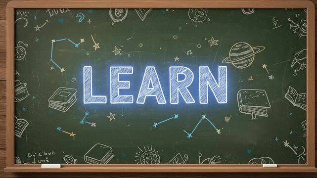 Blackboard with Learn Text and Education Symbols.