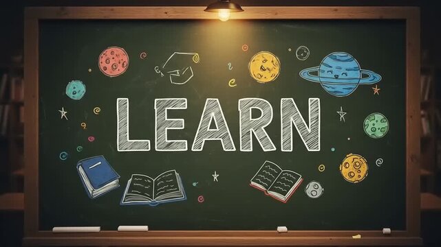 Blackboard with Learn Text and Educational Symbols.