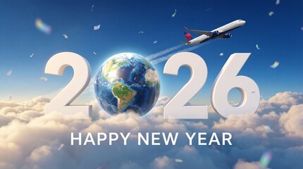 Happy New Year 2026 3D Render with Earth Globe, Flying Plane, and Confetti