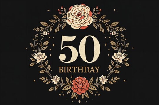 A beautiful floral design celebrating a 50th birthday with elegant gold and red flowers on a black background - Powered by Adobe