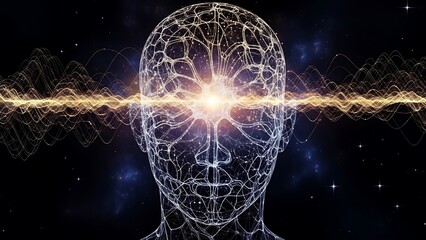 Silhouette of human head with glowing neural network patterns visible inside, digital brain representation, blue and purple neon lights, dark background, symbolic AI visualization