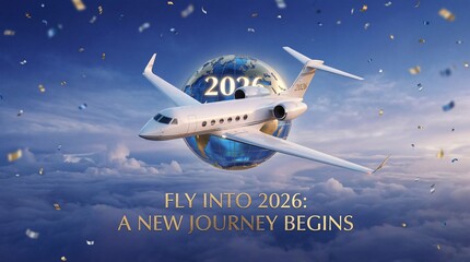 New Year 2026 Concept with Private Jet, Earth Globe, Falling Confetti, and 'FLY INTO 2026: A NEW JOURNEY BEGINS' text