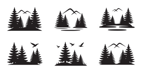 Obraz premium Six black silhouettes of dense pine tree forests set against stylized mountain backdrops for nature scenes