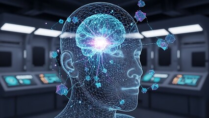 Silhouette of human head with glowing neural network patterns visible inside, digital brain representation, blue and purple neon lights, dark background, symbolic AI visualization