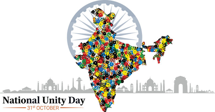 National Unity Day India vector featuring map with colorful handprints Ashoka Chakra and skyline of famous national landmarks.