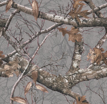 Realistic forest camouflage. Seamless pattern. Conifer tree, branches and leaves. Useable for hunting and military purposes.	