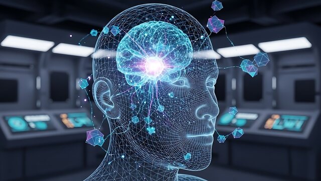 Silhouette of human head with glowing neural network patterns visible inside, digital brain representation, blue and purple neon lights, dark background, symbolic AI visualization - Powered by Adobe