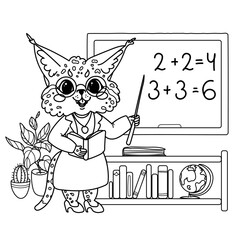 Vector illustration children's coloring book about professions. Linear lynx teacher