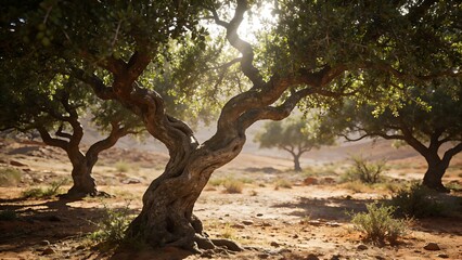 epilogue. A lone argan tree stands in the Moroccan landscape, its gnarled trunk and green leaves under the sun. travel magazines, destination branding, designed for travel destination branding.