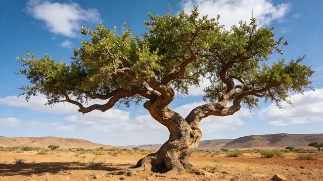 epilogue. A lone argan tree stands in the Moroccan landscape, its gnarled trunk and green leaves under the sun. travel magazines, destination branding, designed for travel destination branding.