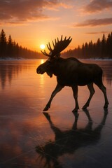 Fototapeta premium Moose walking across a frozen lake at sunset, reflecting on the ice. Wild animal traversing cold winter wilderness