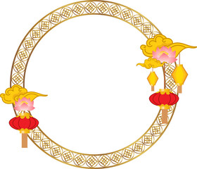 Golden Round Frame with Hanging Lantern Illustration for Chinese New Year and Festival Design