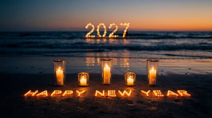A serene beach scene illuminated with glowing candles and the year 2027 celebrating a happy new year at dusk high quality