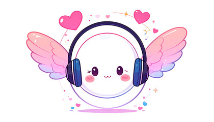 A cute, white orb with headphones, wings, and hearts against a black background