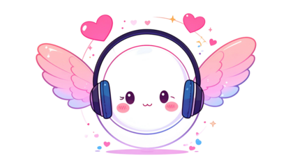 A cute, white orb with headphones, wings, and hearts against a black background