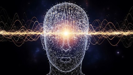 Silhouette of human head with glowing neural network patterns visible inside, digital brain representation, blue and purple neon lights, dark background, symbolic AI visualization