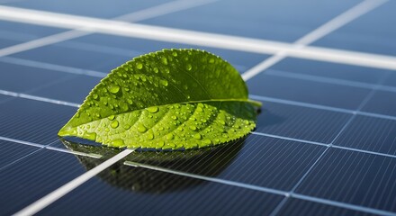 Green leaf on solar panel, renewable energy concept.