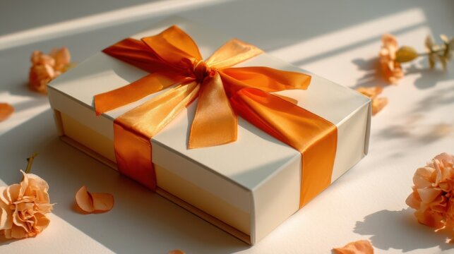 An elegant white rectangular gift box adorned with vibrant orange ribbons and delicate peony flowers in soft pinkish ora