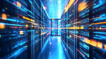 A futuristic data center with illuminated server racks and advanced technology equipment in a high-tech environment