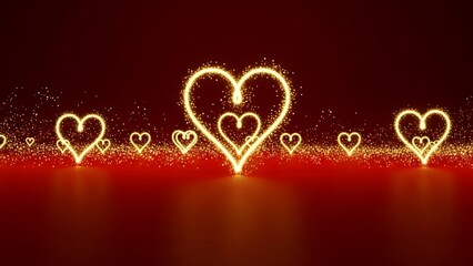Glowing golden heart outlines shimmer across a deep red background creating a magical and romantic atmosphere perfect for valentines celebrations or anniversary graphics
