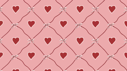 Delightful Decorative Pattern Showcasing Red Hearts, Crisscross Ribbons, and Tiny Bows on a Gentle Pink Backdrop, Ideal for Romantic or Festive Designs