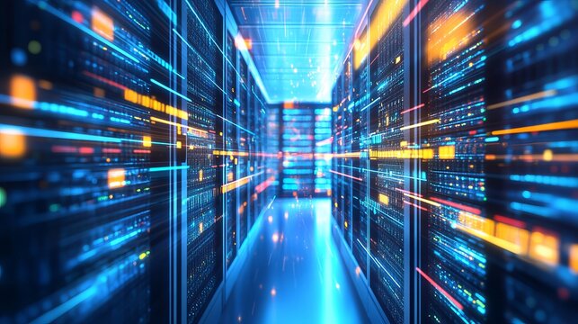A futuristic data center with illuminated server racks and advanced technology equipment in a high-tech environment - Powered by Adobe