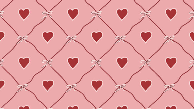 Delightful Decorative Pattern Showcasing Red Hearts, Crisscross Ribbons, and Tiny Bows on a Gentle Pink Backdrop, Ideal for Romantic or Festive Designs - Powered by Adobe