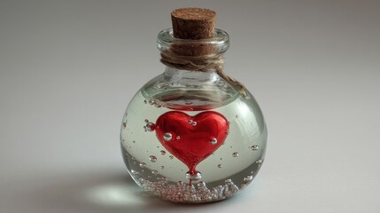 A round glass bottle filled with water displays bubbles rising around a suspended shiny red heart-shaped object,