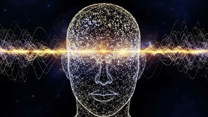 Silhouette of human head with glowing neural network patterns visible inside, digital brain representation, blue and purple neon lights, dark background, symbolic AI visualization