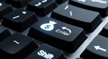 Close-up of a black keyboard with the Enter key highlighted having a dollar sign icon indicating financial transaction or online payment processing