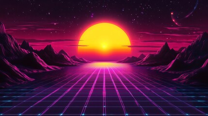 A futuristic digital landscape with a vibrant sunset and geometric grid patterns stretching towards distant mountains