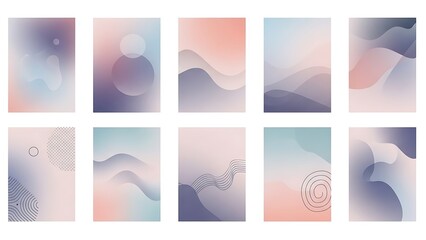 Collection of ten abstract minimalist vertical backgrounds featuring soft pastel gradients and subtle geometric line art elements for modern design projects