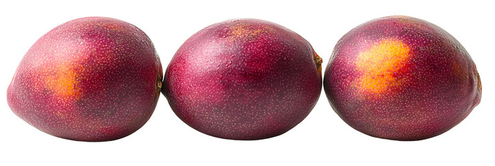 Three blurry purple objects with orange spots