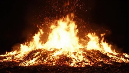 Bright flames consume a large bonfire at night, a fiery scene with glowing embers and smoke against a black background.