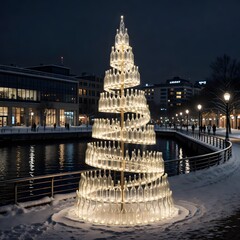 modern Christmas tree made from illuminated glass bottles glows on a snowy city waterfront