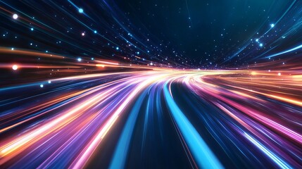 A futuristic digital highway illuminated with vibrant streaks of light and stars in a dark cosmic background.