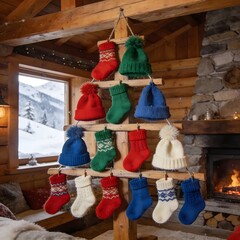 A cozy log cabin features a unique Christmas tree made of knitted hats and socks