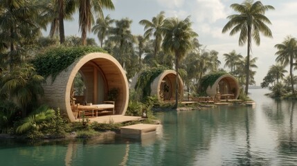 Serene tropical scene with circular wooden huts nestled on a hillside, lush greenery cascading from elliptical roofs,