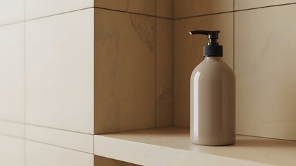 blank neutral pump bottle mockup on bathroom shelf with copy space