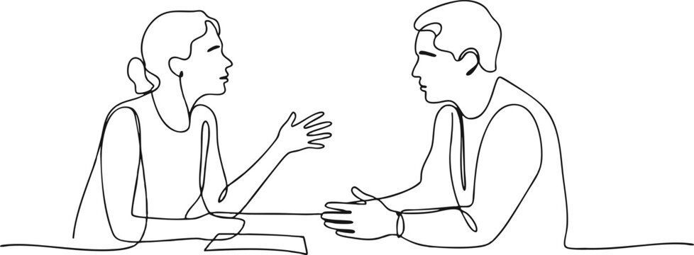 Continuous Line Drawing of Two People Talking, Minimalist Conversation Illustration in Line Art Style, Simple Sketch of a Man and Woman Engaged in Dialogue