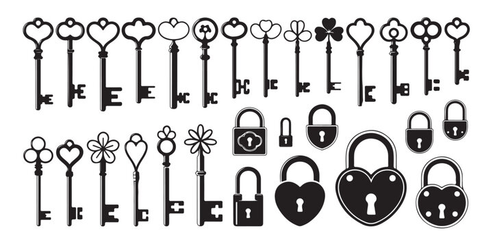 Vintage ornamental keys and padlocks collection with heart shapes and antique decorative bow