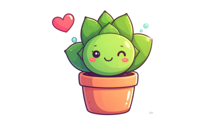 Adorable cartoon succulent winking, in a clay pot, w/ pink heart and sparkles