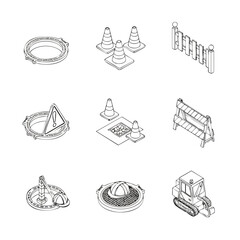 Construction Site Elements Collection: Safety Cones, Manhole Covers, Barriers, and Equipment.