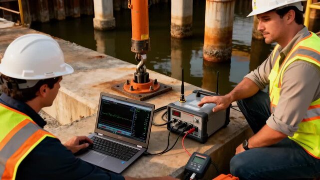 Medium shot of engineers monitoring dynamic load testing on pier foundations demonstrating advanced analysis to improve resilience against environmental forces.