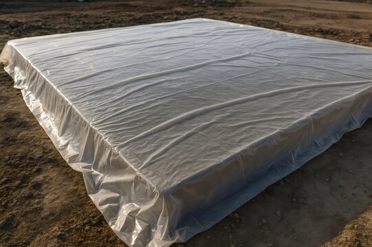 New concrete slab undergoing curing process covered with clear plastic sheeting protecting it during construction phase on bare earth