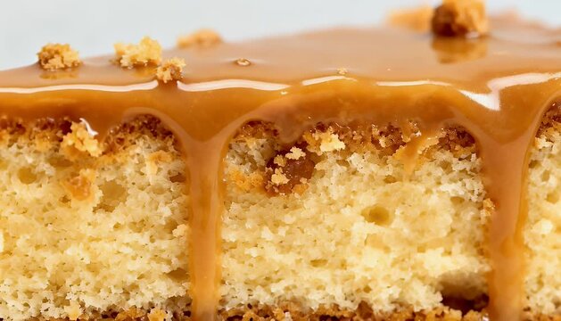 Close up of cake slice with caramel drizzle