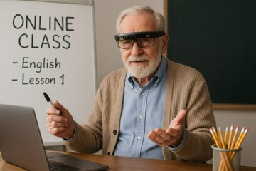 Senior professor with smart glasses and laptop teaching an English online class, presenting virtual learning and remote education concepts