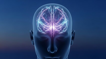 Silhouette of human head with glowing neural network patterns visible inside, digital brain representation, blue and purple neon lights, dark background, symbolic AI visualization