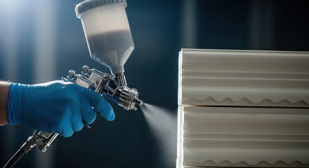Hand in blue glove spraying white professional molding trim with a paint spray gun in a manufacturing workshop.