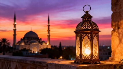 Glowing ornate lantern on stone ledge with mosque silhouette and colorful sunset sky symbolizing Ramadan peace and reflection